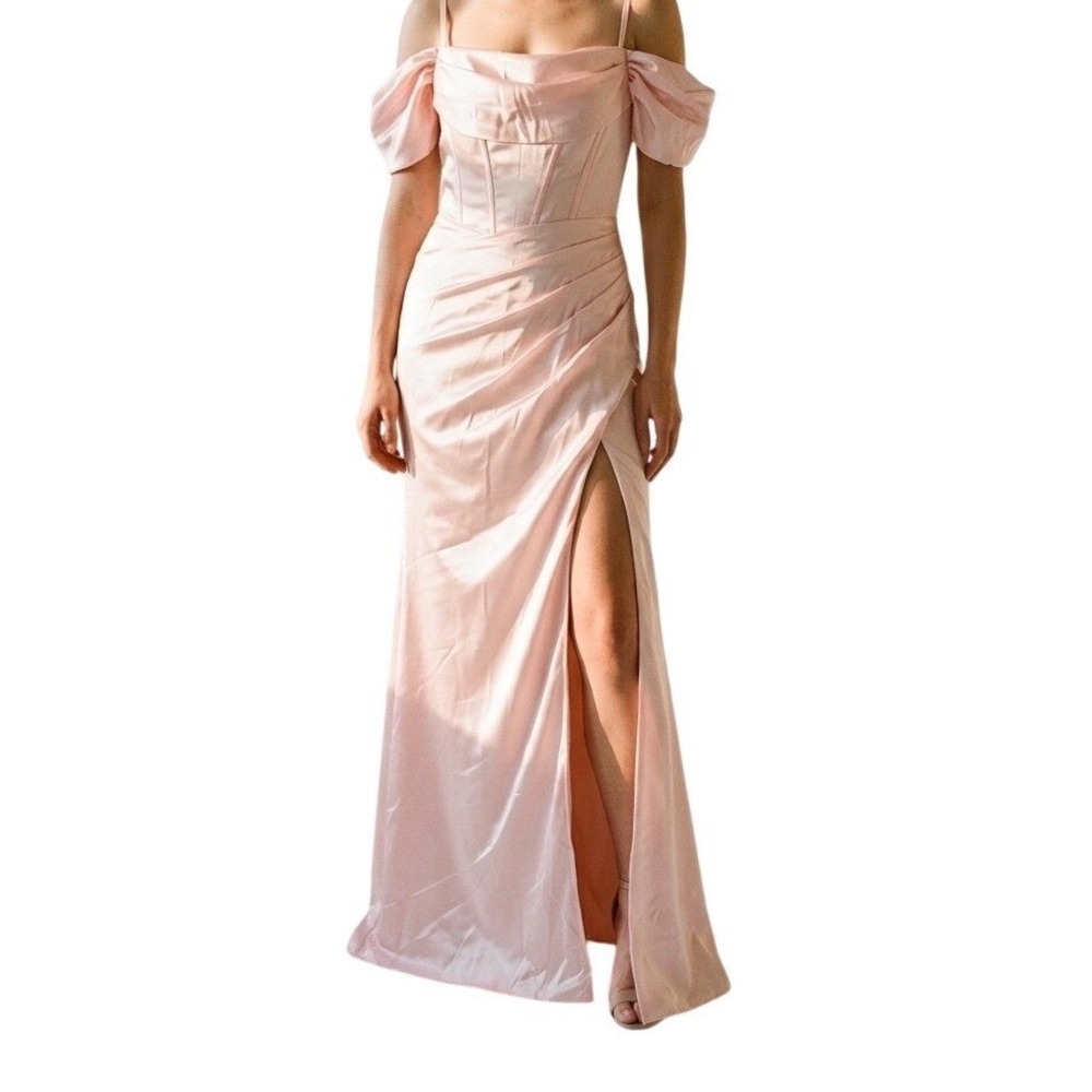 NWTS Light Pink Satin Corset Maxi Dress Off Shoulder Formal Gown Lace Up Back
